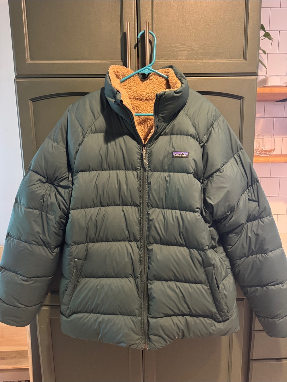 Patagonia Kids Green Puffer Jacket with Tan Sherpa Collar